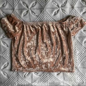 pink velvet cropped off the shoulder top